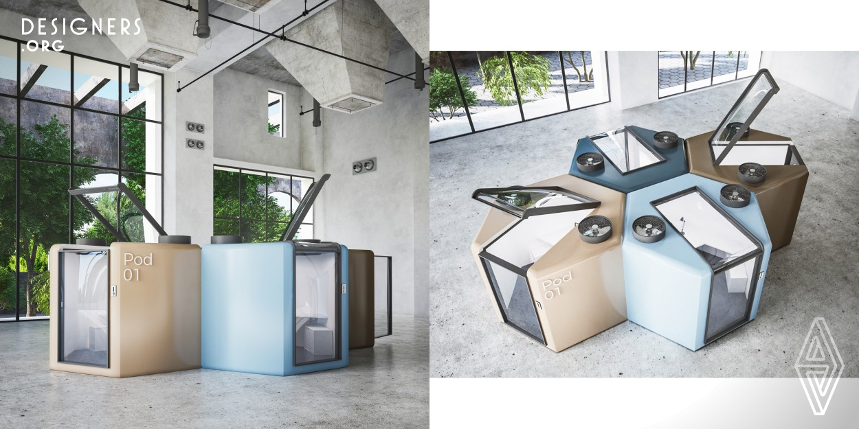 The Qwork pod is an anti-infection Hexagonal hive-like office solution, designed by Egyptian Award-Winning Architect Mohamed Radwan. Qwork offers flexibility to suit different spatial needs and can be customized to fit any office layout. It features an automatic handless airtight acrylic door, controlled by facial recognition, and ventilation fans with built-in air purifiers. The Qwork pod is envisioned to be made of hygiene-friendly non-porous nanomaterials that protect the pod user from viral infections. 