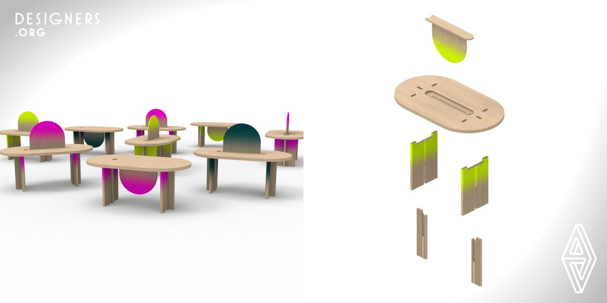 The HQ can be used as a dining table and an office desk with a removal divider screen. It assembles by interlocking the panels into place without any screws or nails. The HQ is made from Baltic birch plywood, each panel was cut using a CNC machine. It comes in three different colours: Teal, Hot Pink and Neon Yellow and ships in a flat pack.