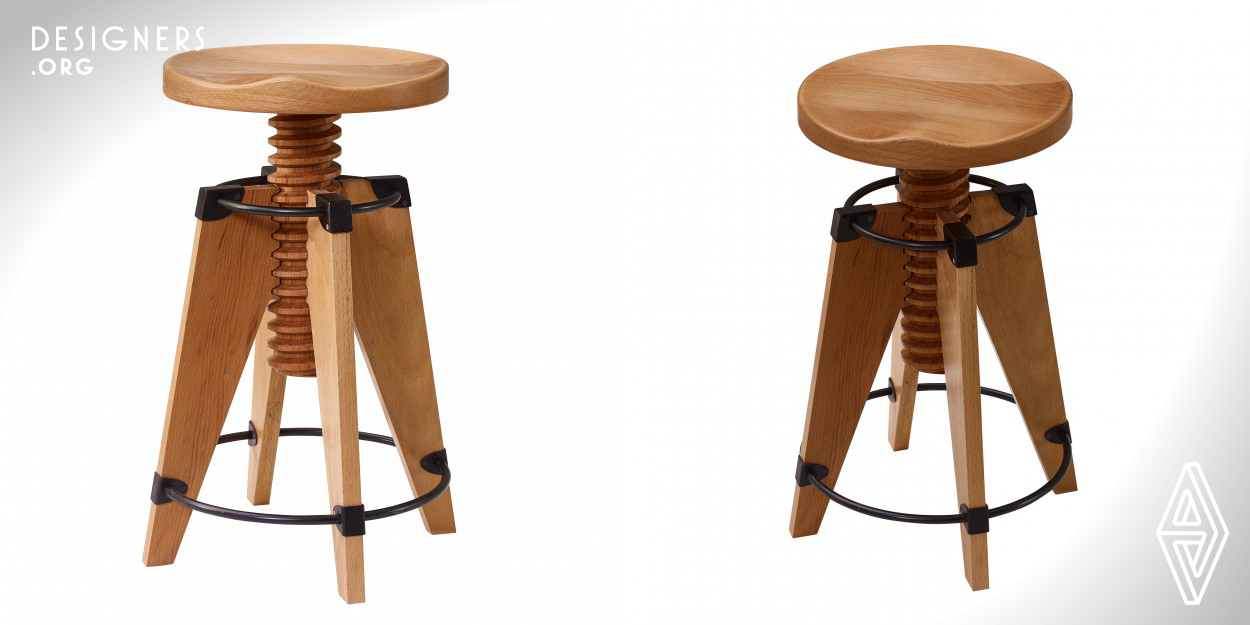 The unique design journey of wood. Burgu Stool combines aesthetics and functionality together while the design is specifically seperated from others. Height adjustment function enables you to use your stool with table and bistros easily and adds a stylish and aesthetic atmosphere to the environment. The stool can be carried easily with its minimal design and light weight. The industrial design come to life where gorgeous texture of wood meets technology.   