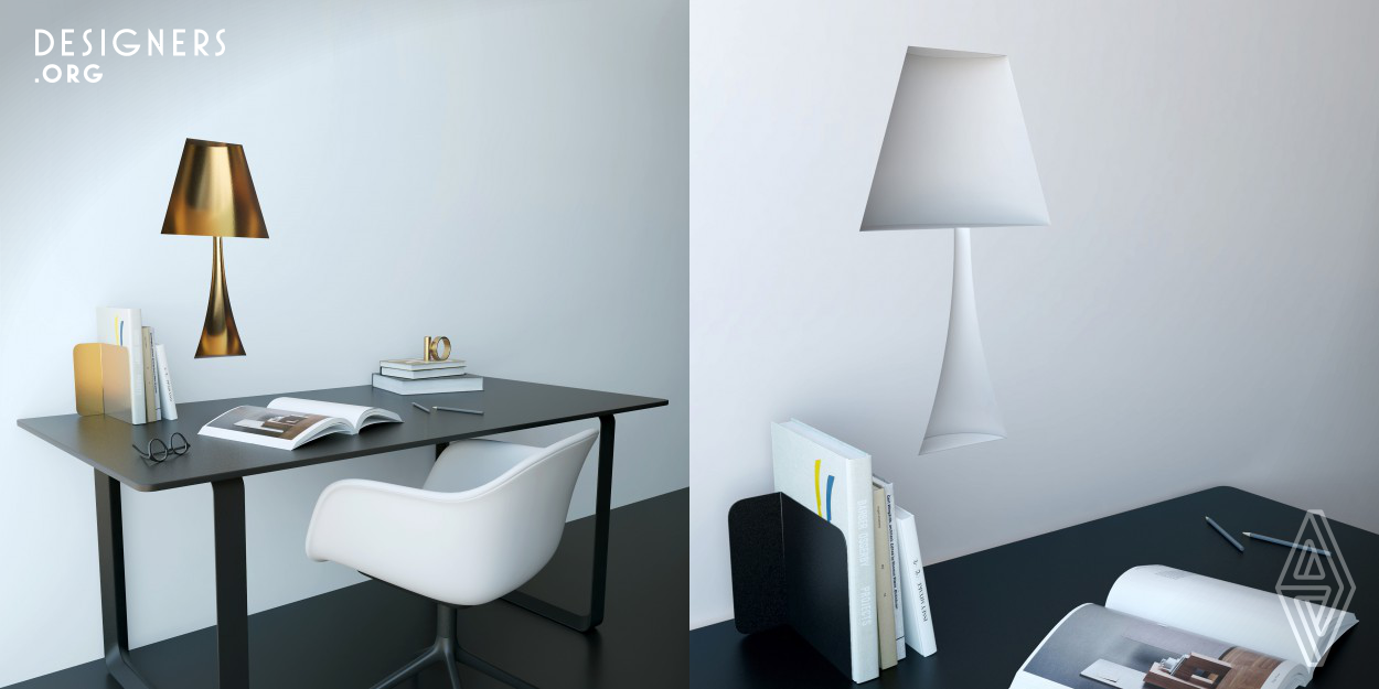 This is an integrated lamp in the wall, all parts of which are located inside the wall, thanks to which the illusion of a voluminous gliding table lamp is created. The object resembles an apparition, we see it, but it is in a different plane. The inspiration for creating this lamp was a desire to design an object that will erect emotions and associations in people with ancient culture of rock-cut cities.  The lamp consists of two versions of materials. The first is brass. The second lamp is made of gypsum.LEDs are located above and below. A touch sensor is located at the bottom.