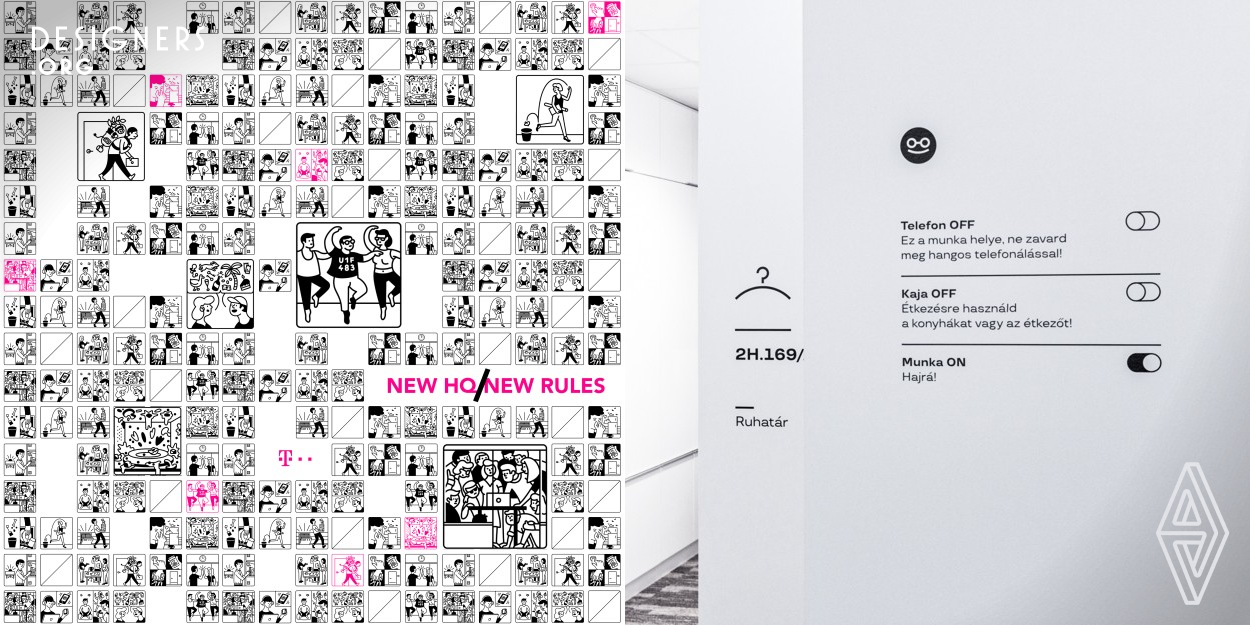 The task was to create a visual identity for a new set of rules on office behavior in Telekom's new HQ. The challenge was to make it loveable so people would not feel ordered or forced, rather inspired to respect them. As a solution a very Clean Yet Playful design was created to promote these ideas and to evoke an instant emotional reaction in the viewer. 