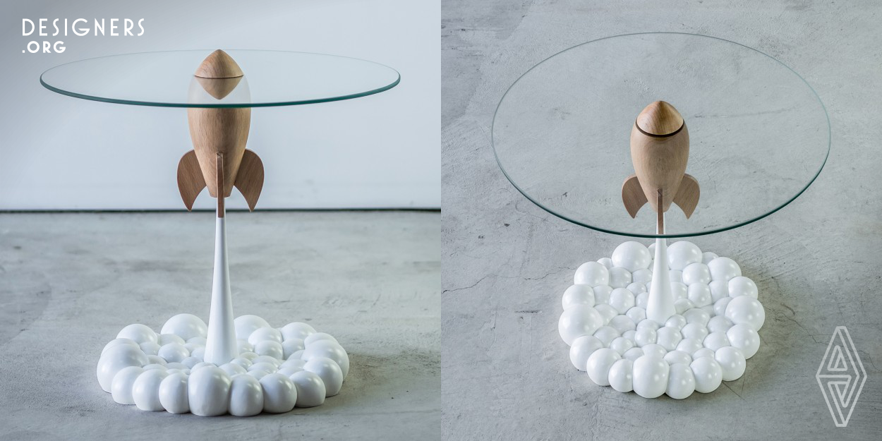 The design is visually playful bringing cartoon-like clouds and aerial rockets from a personal toy collection to life, in the form of a table. Combining various techniques from lathe to 3d printing, resin casting and traditional hand curved pieces, this table is fashioned to draw a smile on the face of nostalgic adults, children, and children trapped in adult bodies. Take a trip down memory lane and enjoy your childhood once again.