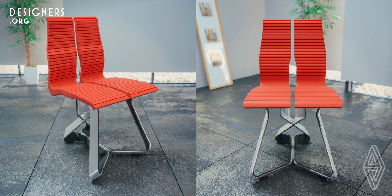 The typical seat is imagined as a static entity, designed to support the body in a linear fashion. Plit chair proposes a novel way to support the dynamically shifting body weight and changing postures of the user. The seating surface is split on the vertical axis to create two sides that react to the user weight independently as they re-adjust their pose. Instead of dictating an ideal posture, Plit chair conforms and warps. The continuous flowing curves, flexible materials, and the prominent abstract rift in the center communicate an impression of fluidity, independence, and leniency.