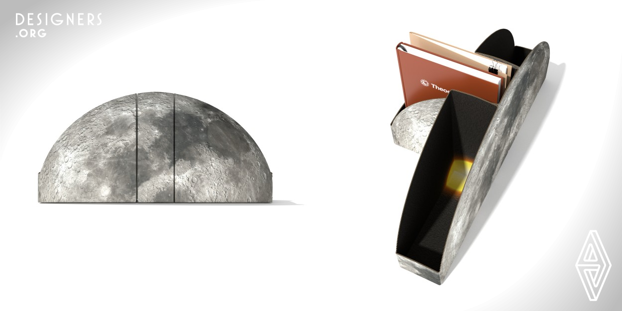 Their shape creates a semicircle when three boxes are lined up, and even the insides are printed with imagery. There are four designs split between two series. The space series, which represents the brand, features the moon and the earth, while the fruit series features a watermelon and an orange. The designs tie into their client's business in the aerospace industry. They also created a logo for the brand based on the moon in Starry Night, one of Van Gogh's masterpieces.