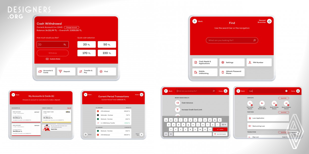 With the new design approach, the experience of Akbank ATM becomes future-proofed and supports a broad range of user types including both Akbank customers and non-customer users. It provides a mobile-like experience with a smart personalized dashboard based on user behavior patterns and their financial decision-making models.