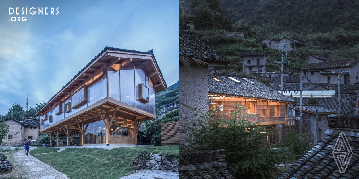 The Mountain House in Mist combines traditional culture and modern design through new application of traditional materials, transformation of the roof, and use of translucent polycarbonate board on the Facades. In the daytime, light creates a translucent atmosphere indoor, while at night, the light sneaks out and the book house becomes a visual center. The book house was built to provide a space for to read and to calm down, so as to attract more young people and children back to the mountains.