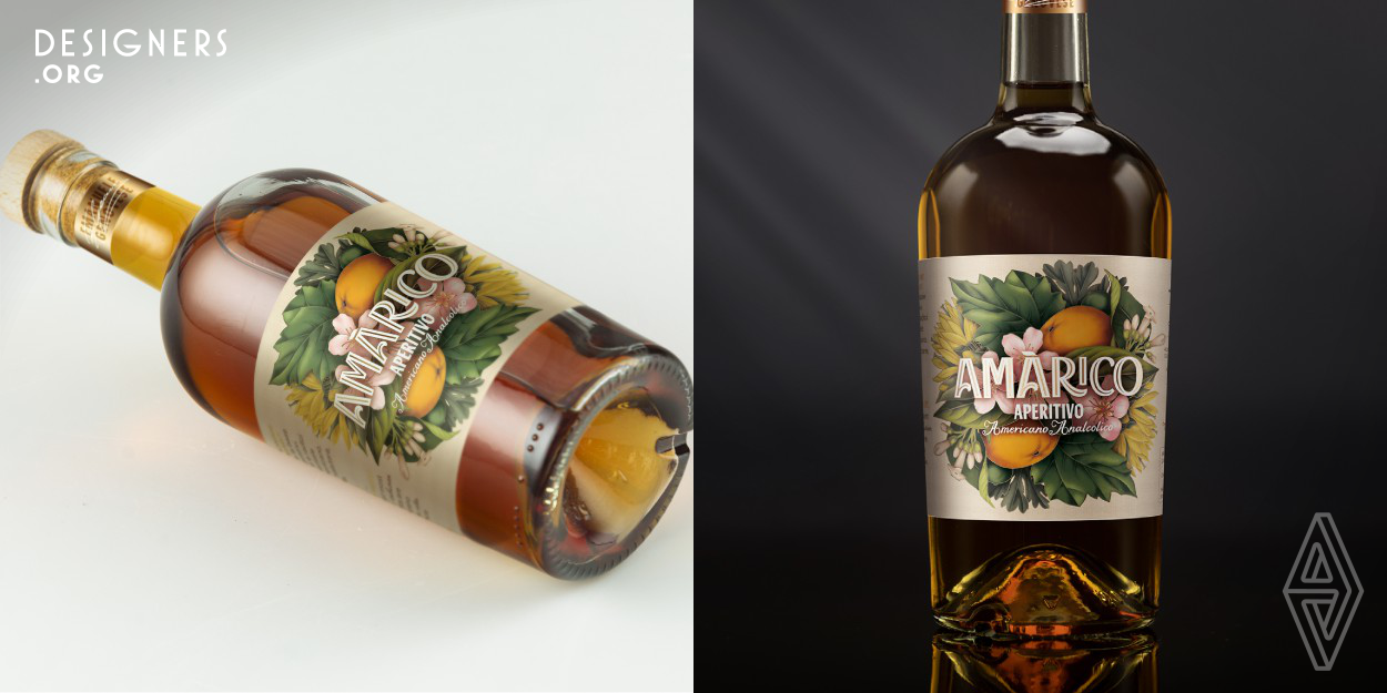 Designers were approached by an Italian producer launching a new range of non-alcoholic aperitifs, Amarico. The goal was to create a logo and packaging design for this authentic Italian product. They decided to develop the design around the product's key qualities, the beverage's aromatic, creamy and Italian style, with citrusy notes of bitter orange and lemon, fresh and crispy with a harmonious after taste. New fonts and a set of elegant hand-made illustrations were created depicting botanical motifs and ingredients.