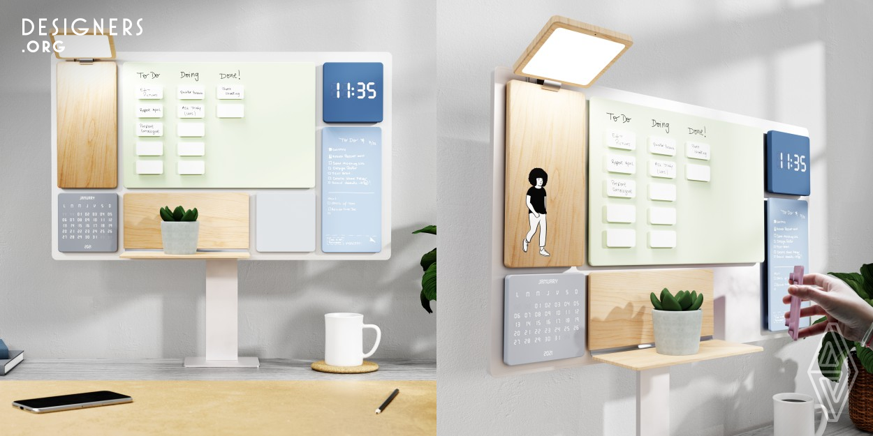 Inspired by the versatility and intuitiveness of modern digital interfaces, Balance, enables users to personalize their workspace by selecting from a variety of modules and materials that best suit their personality, work style, and aesthetic preferences. The magnetically attached modules (Surface, White Board, Cork, Kanban, Time, and Shelf) allow for multiple configurations and can also be combined to allow for the use of productivity techniques such as Kanban and Pomodoro.