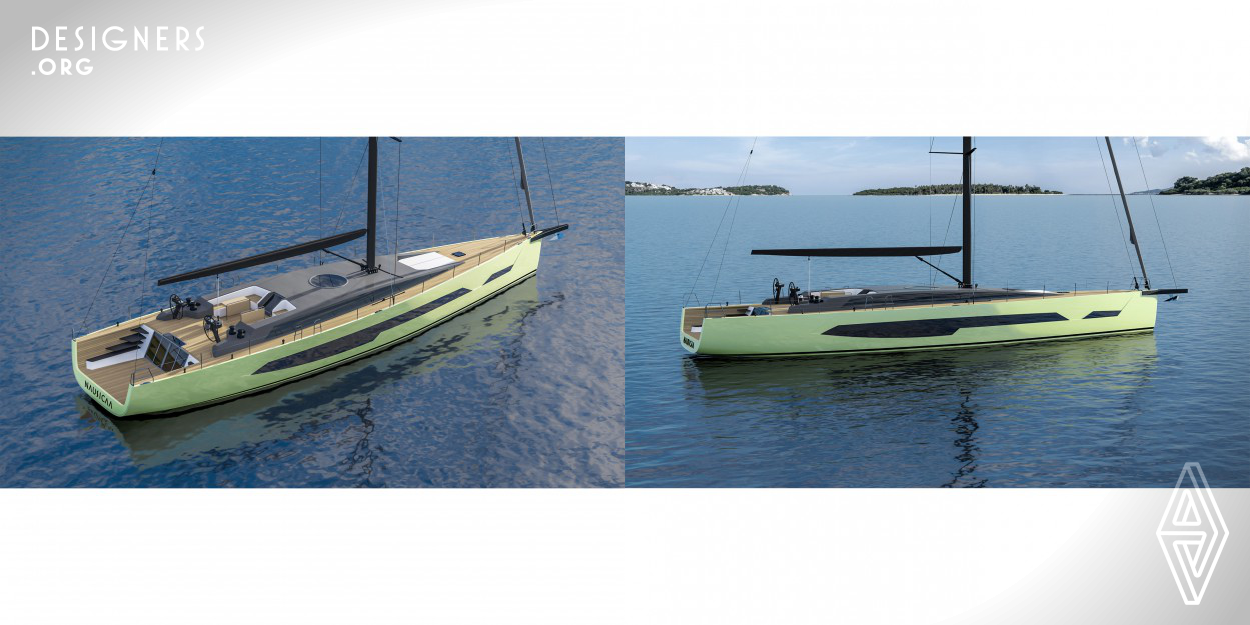 This 24-meter sailing yacht has full carbon structure and rig, making it light and able to reach high-level performance cruising. It can accommodate up to 5 guests in 3 spacious cabins, including a full-beam master suite with panoramic views and direct private access to the yacht’s beach area that becomes a terrace on the sea. The slender hull shape, the straight bow and the very minimalistic superstructure profile give Nausicaa a very modern and contemporary style, along with its characteristic big hull window that confers a very recognizable line that is also reflected in interior spaces.