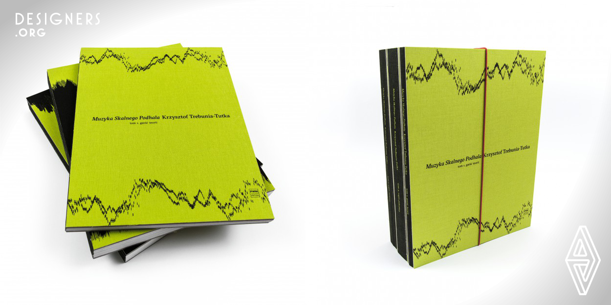 The publication is an anthology of the most important and beautiful highlander melodies and songs. It consists of 3 volumes: "Theories", "Finger notation" and "Music notation" as well as recordings. The graphics on the covers refer to the mountain horizon view and sound recording in a music editing program. It is also an optical illusion of a reflection in the water, as well as a reflection of the notes: note and finger, which represent the same content in two different forms. The use of raw linen and red threads is a reference to traditional highlander costumes.