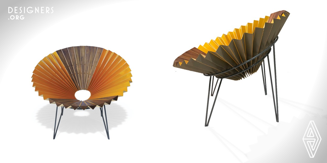 The Ori chair is an ergonomic overlap of the ruffled palm, and the Japanese paper fan realised through origami technique. It uses bold colours of the sunflower to form a stand-out piece of art as well. The colours blended with minimal design flares draw attention while complementing confined interiors or outdoor space. The design uses the concept of paper folding and translates it into metal folding.