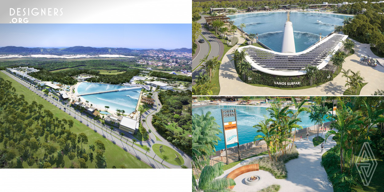 The concept was inspired by the fluidity of the water and the stunning local nature. It will be a park that in addition to the wave pool will have a gastronomic village, numerous bistros and restaurants, a complete sports area, a resort with incredible spaces, all inserted in a well-crafted landscape atmosphere, using native species and taking the issue of sustainability very seriously. A space of high spirits to be enjoyed by the whole family.