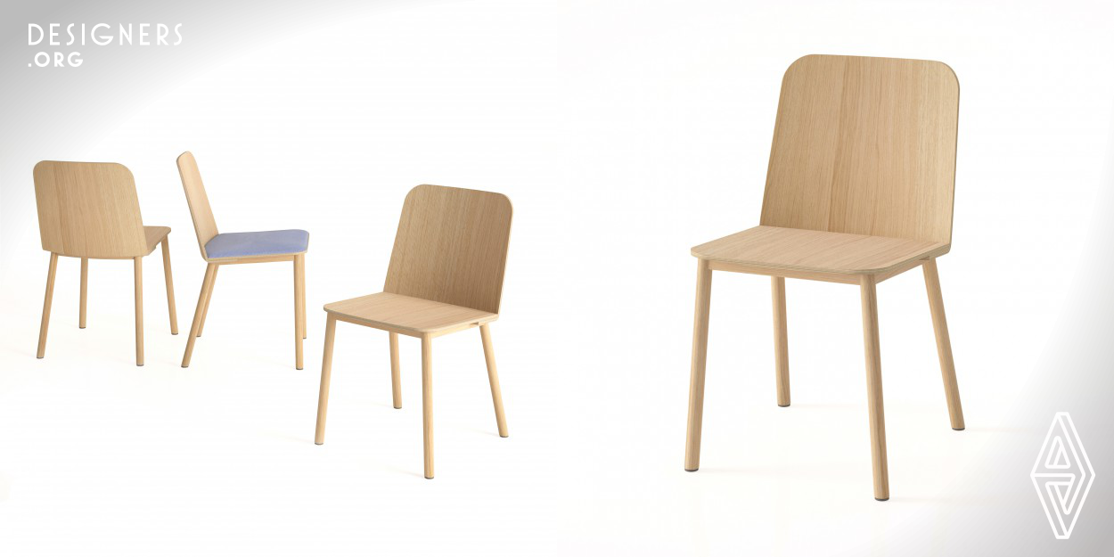 Lay chair is the result of the search for a new form and an alternative assembly variant for flat-pack chair designs. The chair is made by layering two complementary molded plywood parts: a seat element that fits perfectly on an "L" shaped backrest, which is then joined together on the solid wood chair structure. The main focus is given to the complementary form of the parts and the following mono-directional assembly process for a user-friendly design. The layering of the parts defines the aesthetic appearance of the chair and characterizes an effortless combination for assembly.