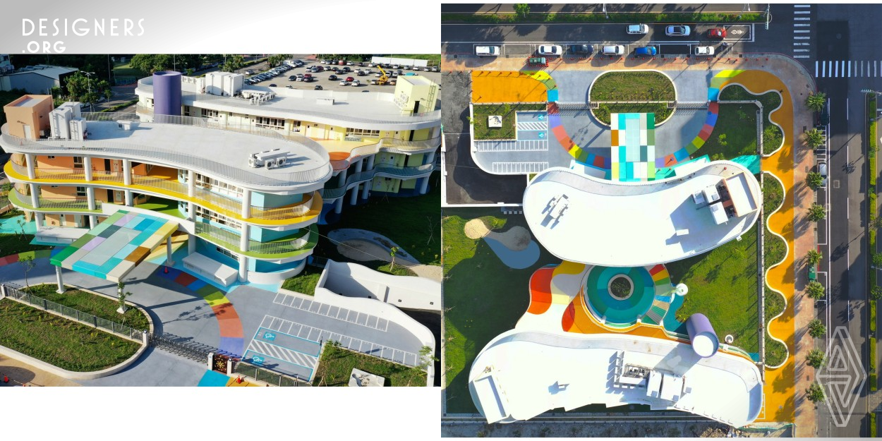 The site was originally farmland, the shape of the water channel is used as the design concept creating a streamlined and organic building volume. The architect not only smartly used colors and diverse spatial transformations, but also created an environment to nurture kids by beauty, germinate their sense of aesthetics, stimulate their desire to express, and develop their artistic creativity for a better formation of their personality. Blue, yellow, orange, and green Lego blocks imagery is used as the elements for the north facade. 