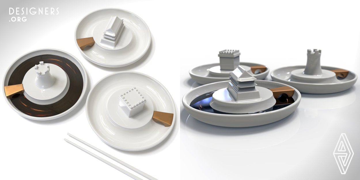 This sauce bowl is designed to serve the sauces with the meal. The design is an abstraction of the castle, the moat that surrounds it, and the bridge that leads to the castle. It is made of porcelain. Bridge can be made of metal or natural stone. Since the set of products will be sold one by one, the consumer can decide which fort he will buy. Each sauce bowl is around 180mm. It is important that the auxiliary products used in the presentation are memorable as well as aesthetic in food presentation. 