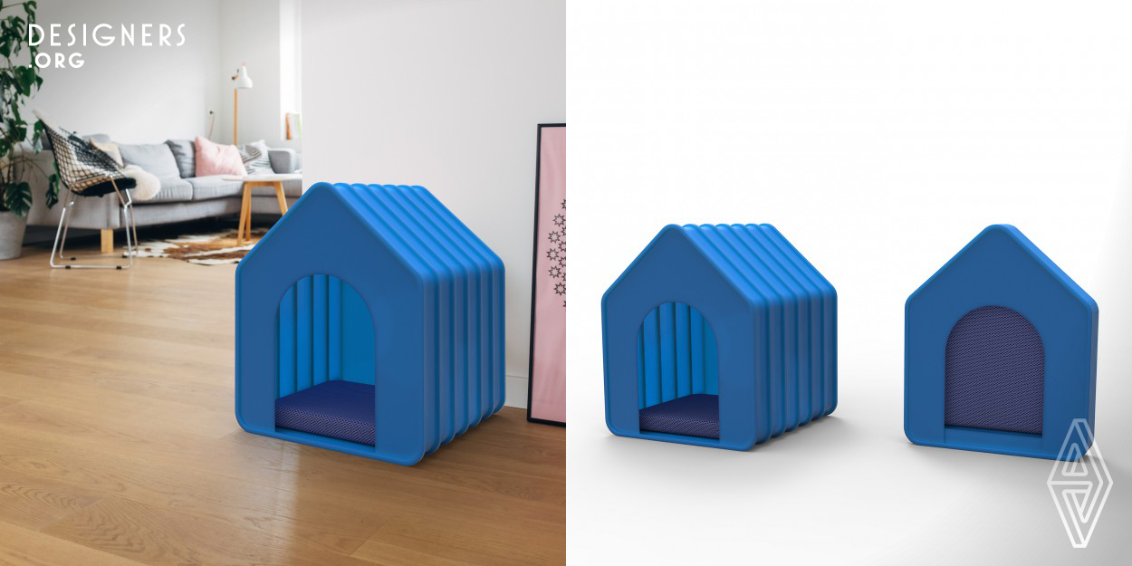 Accordio is a design study about portable pet houses. The silicone pet house is light-weighted and collapsible as an accordion-like structure. It is easy to clean and carry during outdoor activities and travels. This silicone house can be compressed in a 1/6 size by pushing both sides. A fabric cushion can be conveniently fit into the collapsed form for portability. Each magnetic frame (a total of 8) is reinforced for structural stability. Once collapsed, these frames adhere each other and keep it compact and portable.