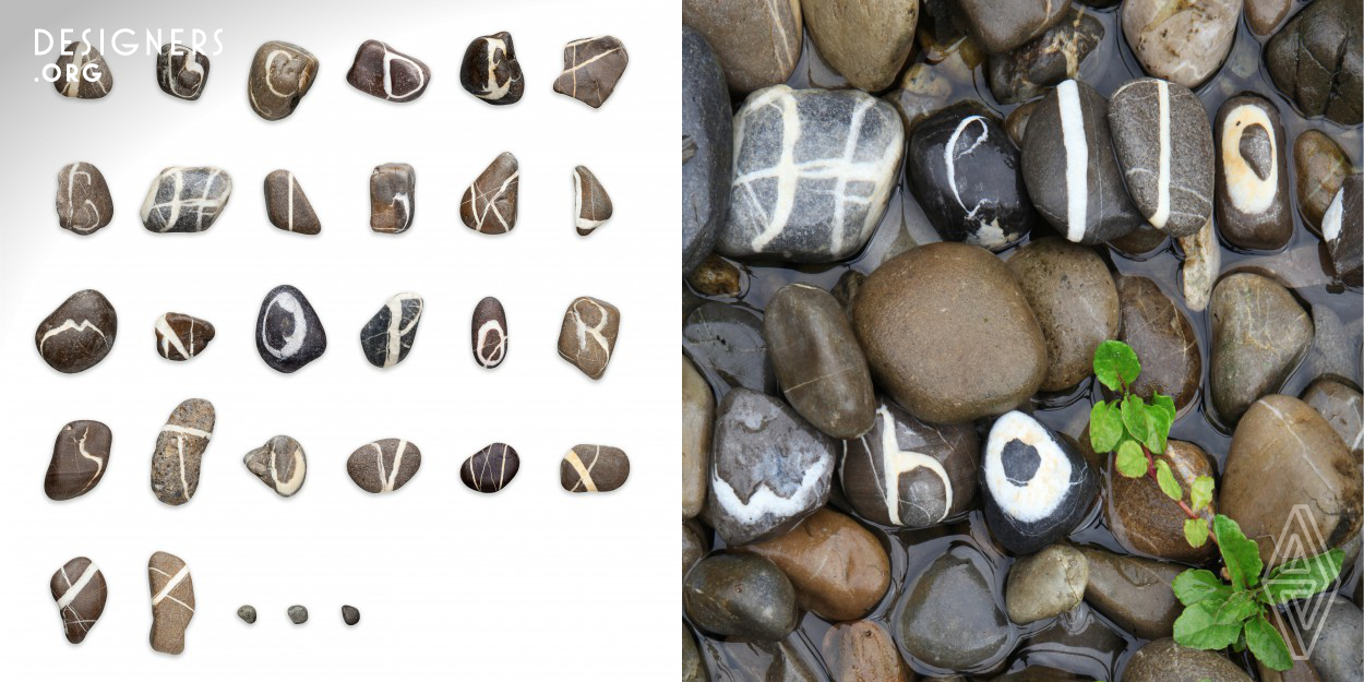 White veins in river stones lead to random patterns on the surfaces. The selection of certain river stones and their arrangement transforms these patterns into symbols, in form of Latin letters. This is how words and sentences are created when stones are in the right position next to each other. Language and communication arise and their signs become a supplement to what is already there. 