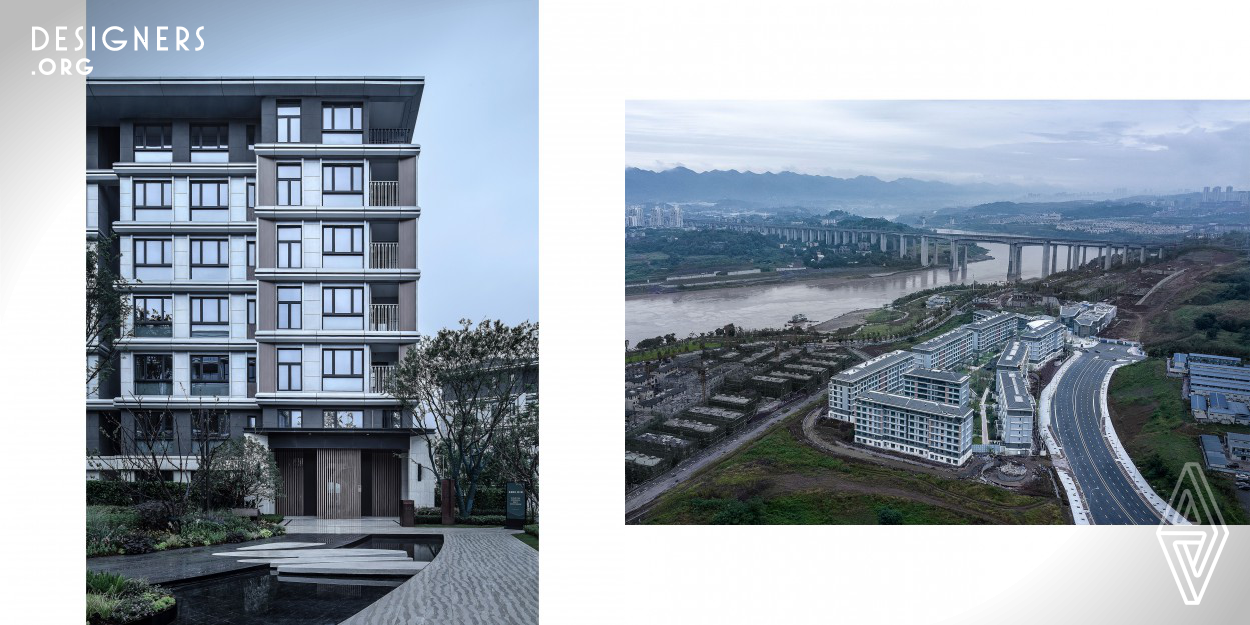 Due to the large range of elevation in Chongqing, the architect adapted his designs to the local terrain and considers the orientation and height of every building so that each apartment has an view of the landscape. The resulting height differences of the entrances are smoothed over by the elevators and stairs. The waterfall in the central courtyard and various other landscape elements are used to solve the inherent height difference of the area.