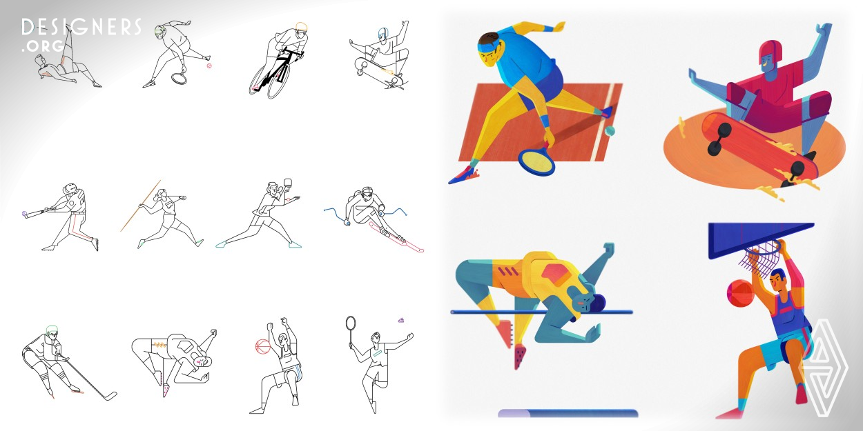 Inspired by the beauty of each sport, Hao has attempted to capture the unique rhythm of athletes' body movements through this illustration series. To get started, Hao simplified the complex athletes' body movements by using the simplest graphics and dialogue. Taking advantage of both traditional paintings and digital paintings, he recreated the texture of the paper and brush strokes. Through his unique illustration style, he brought out the dynamic and energetic, beautiful ethos of athletes and artists alike. 