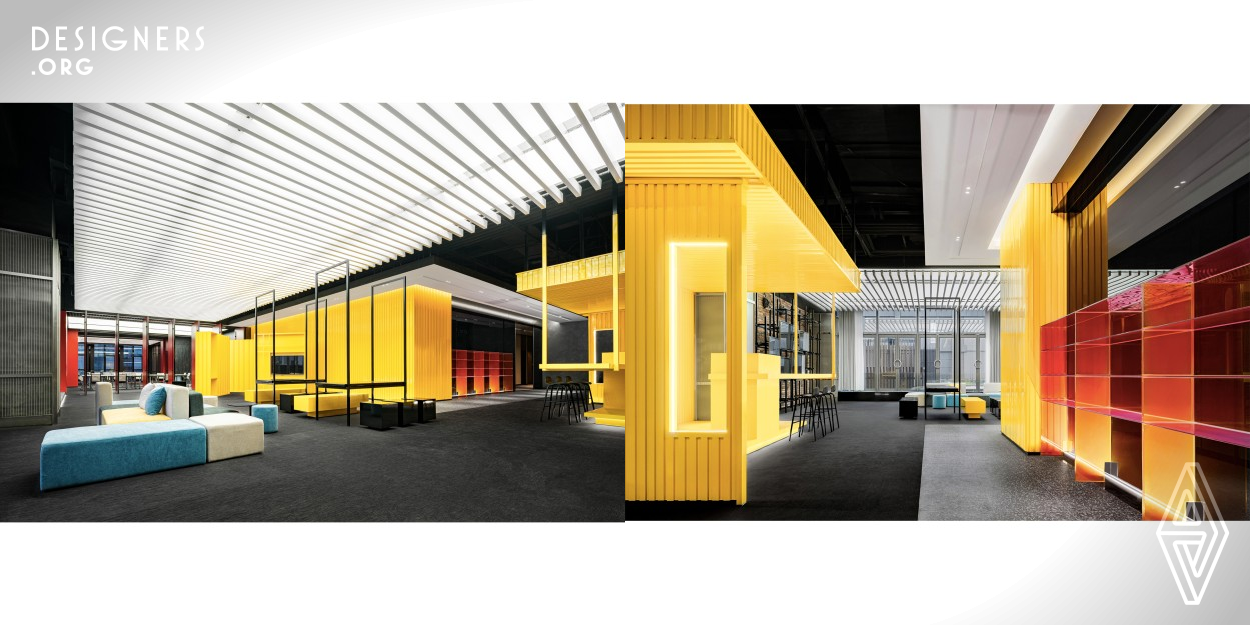 The project is located in Ningbo, China, a city that was the starting point of the ancient Maritime Silk Road .The design inspiration comes from the container terminal. By combining container elements, colors and geometric figures in an orderly manner, an industrial-style business center is constructed.Taking the container as a box, each individual space is stacked and reassembled and redistributed through the whole space to form different open areas and structure. 