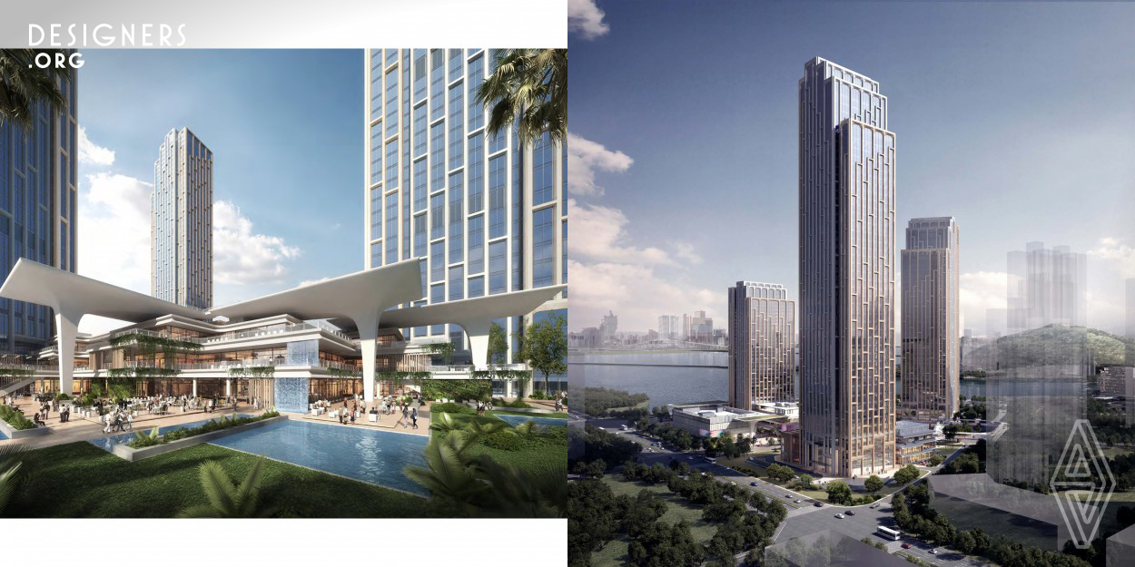 Zhuhai Huafa Plaza is located in Hengqin Island of Zhuhai. Facing directly to West Bay bridge of Macau, the prestigious site offers unobstructed view towards the surrounding bay area. Three high-rise office towers and a series of retail pavilions are juxtaposed to create a range of internal and semi-external environments, accommodating retail facilities and office space within a simple circuit layout around two central courtyard gardens. Integrating with the waterfront and the park along, it creates intimate ground level spaces and garden courtyard in lieu of a traditional mall.