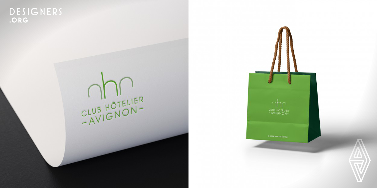 The visual identity of the Club Hotelier Avignon is inspired by the world famous bridge of Avignon. The logo is composed of a typography associated with a strong symbolism showing the initials of the club in a simple and refined way. The green color used evokes the ecological and natural dimension of the club.