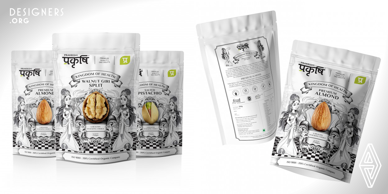Designer was commissioned to create range of dry fruit packaging meant for Indian market with strong visual narrative. Designer has created a packaging range with strong visual story of dry fruits where each nut is depicted as a king of its kingdom known as kingdom of health. Distinguished looking packaging further enhanced by using right set of color palette. By keeping entire packaging in monochromatic and only dry fruits have been kept in color photograph which is working as a focal point of packaging, the range is coming across very strong on shelf. 
