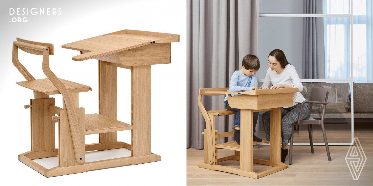 EverDesk evolves, upgrades, and brings to the home the traditional school desk archetype that blends seamlessly with any interior design style. It accommodates growing kids thanks to an easy-to-use mechanical adjustment system with multiple heights, foot support, and desktop settings. The reversible table top makes it suitable for both left-handed and right-handed children. Crafted from environmentally sustainable oak, EverDesk is finished with child-safe, scratch-resistant lacquer. EverDesk is the new designer 'kid's corner' to inspire children as they play, store and study.