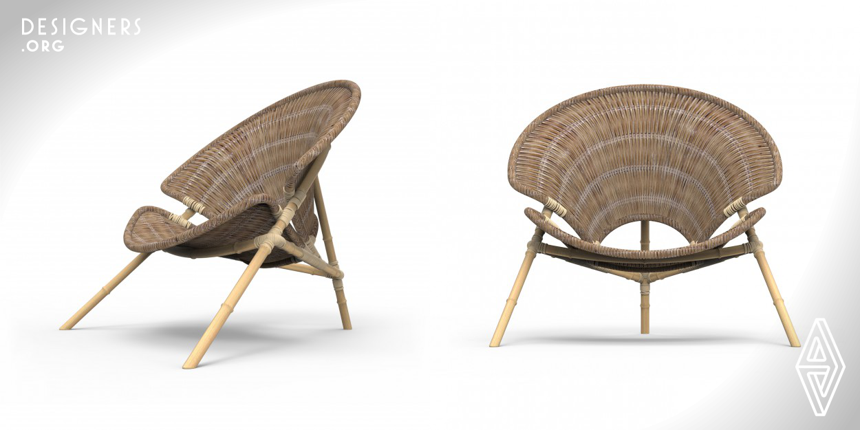 The bamboo woven leisure chair adopts bamboo material and a stable triangular structure as a whole. Using techniques such as wrapping and inserting to form a frame based on round bamboo. The design extracts the morphological elements and textures of the morning glory. The use of the woven surface and even the connection structure gives full play to the tenacity and elasticity of the bamboo material, making the seat more comfortable and agile, showing vigor and vitality, makes people get rid of busy and noisy, and gives more kind and quiet care.