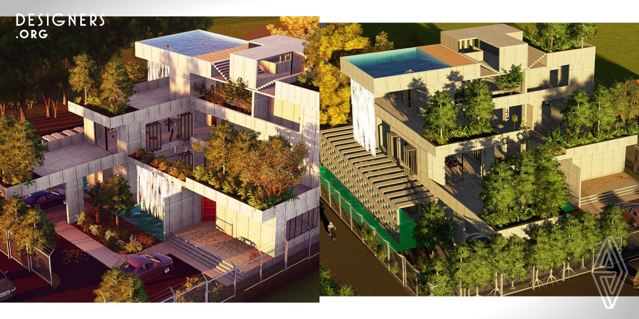 This is a single-family residence design based on a site in Dhaka, Bangladesh. The goal was to design a sustainable living space in one of the most populated, polluted, and busiest cities in the world. Because of rapid urbanization and overpopulation, Dhaka has very little green space left. To make the residence self-sustainable, spaces from the rural area like the courtyard, semi-outdoor space, pond, deck, etc are introduced. There is a green terrace with every function which will act as an outdoor interaction space and protect the building from pollutions.