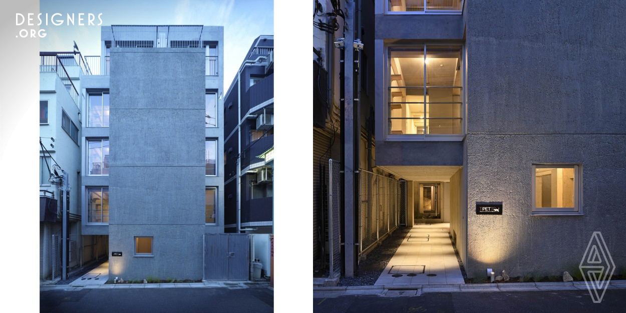 Apartment project at the site with tight frontage in central Tokyo. Six voids are meeting the local evacuation code and supply the daylight and airflow, while retaining density and thus enhancing rents. The studio flats in this complex arrange their bath areas towards the core of their volume and corridor along an exterior wall. The respective corridors internally connect the six voids as thoroughfares of natural ventilation from the street-front to the back.  A loft and steps for cats are located in the vicinity of windows facing the voids and provides comfort for human residents and cats.