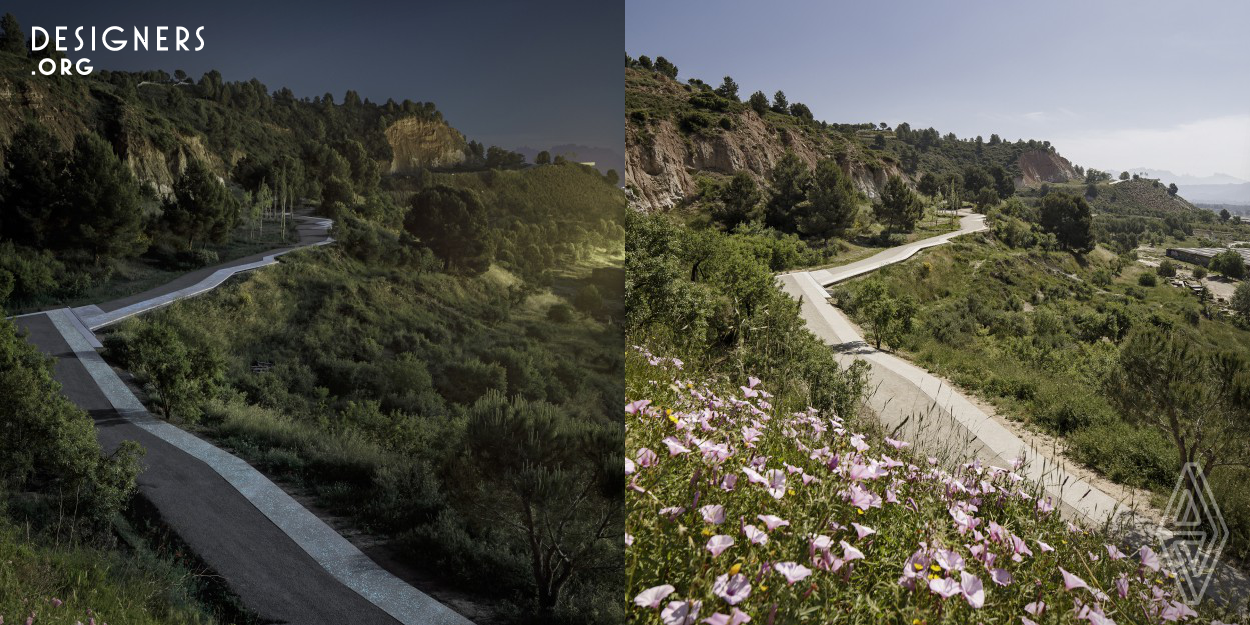 The project, of which 800m are already complete, is set within a broader intervention for the city of Igualada that seeks to generate paths and cycle lanes in the form of a green belt around the edge of the city. This new green mobility crosses a very run-down site where gypsum used to be mined, a place later used as a waste transfer station, with problems of runoff damage and landslips. The proposal has two main objectives: connectivity, continuing the city-scale project, and landscape and biodiversity recovery, to generate a new dynamic that will gradually improve its environmental conditions. 