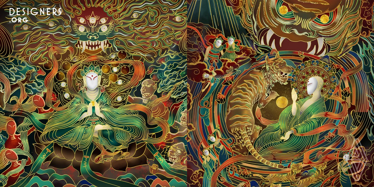 This design selects the five most classic stories in Dunhuang frescoes for illustration design. Firstly, the characters in the story are refined and skillfully combined, and then they are colored with Dunhuang flavor, highlighting the magnificent and mysterious atmosphere of the whole illustration. Moreover, the innovation of this illustration design lies in the integration of Dunhuang frescoes into the illustration design, which enhances the unity of the whole design.