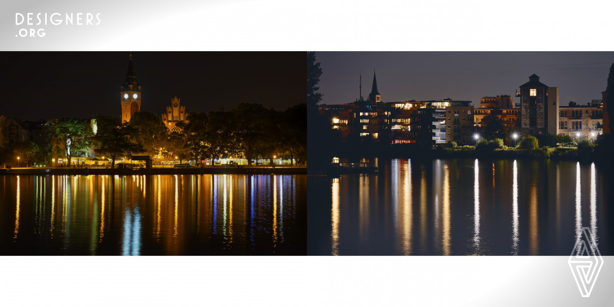 The pictures differ in that it is not a well-known photos of large cities such as New York, Shanghai and Singapore with their skylines on the water, but shows a smaller city that also offers interesting views even if it is unknown. The photos are intended to show the colors of the night which one usually discovers only when it is dark and one makes long-term recordings. The images were not heavily processed, just aligned, spots and noise removed and black and saturation adjusted. 