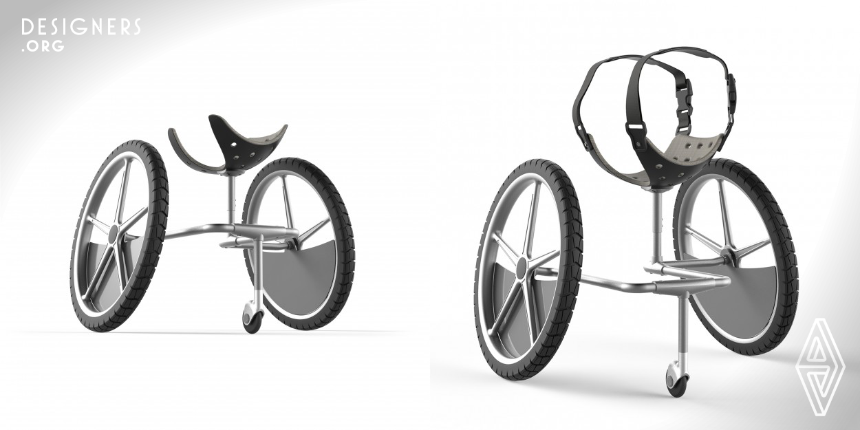 TriPawd is a wheeled-based assistive device that allows handicapped dogs who lost one of their front legs to jump on and off without any strapping mechanisms or the owner’s assistance. Two rear wheels improve both the stability and mobility of the device, while a front wheel on the metal tube frame connecting the two wheels provides support for the chest cup. The bent metal frame provides space for the dog to walk without any interference of the front leg. The pole is height-adjustable and straps are optional to attach for outdoor activities.