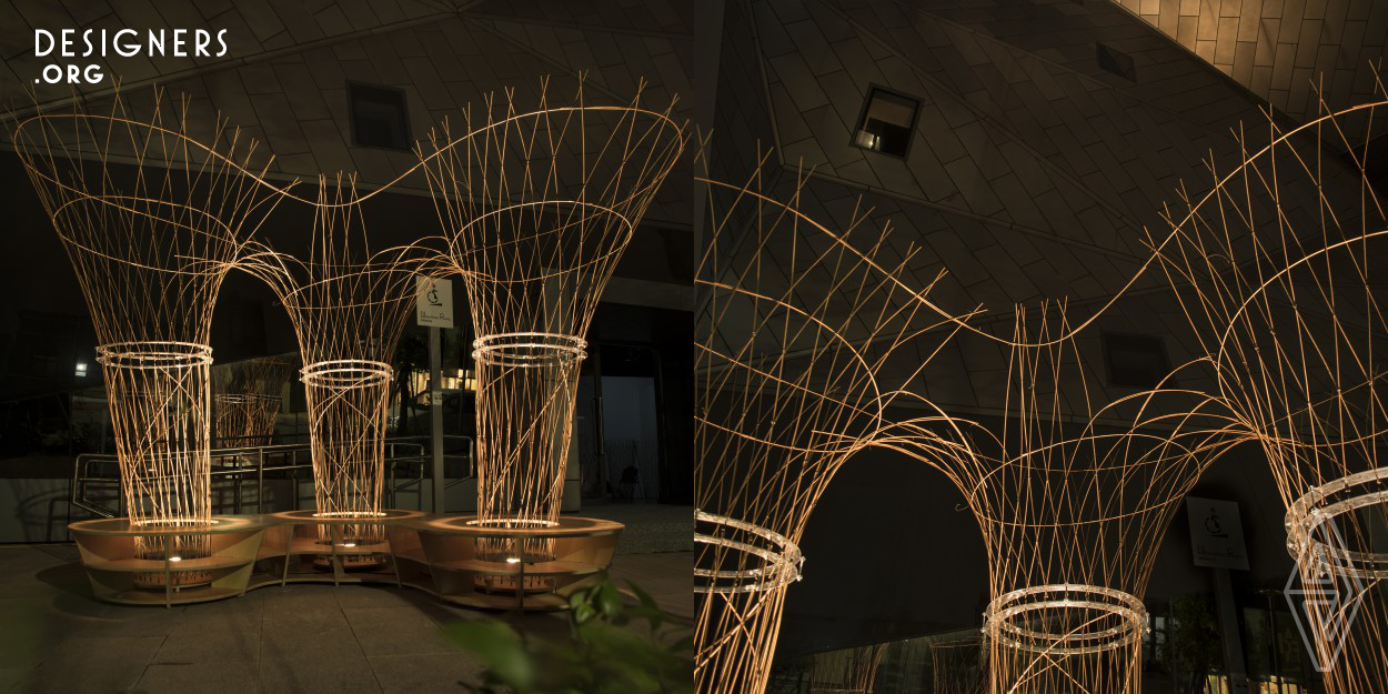Three Tree is a temporary art installation developed for the art event in Taipei. The art installation employs digital technology and bamboo dowels, which is the traditional Asian crafting material. Three Tree coheres the NTNU museum neighborhood rich cultural and ecological background and welcomes visitors to discover exciting cultural exchange. 