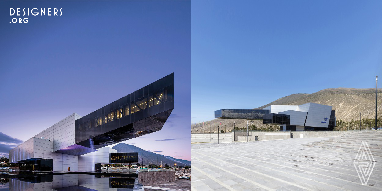 The design is a massive piece that rises and is projected as a metaphor of freedom. Unasur has been designed as a sculptural connotation to surprise and show a different perspective depending on the point of view. The structure results in a positive, proactive and strong iconic image system. The scheme is also the largest armor cantilever in South America with 56 meters without support, according to several studies; modeling technology, drive and creativity. The minimalism of the elements on the exterior highlights the volume, as well as the smoothness of its architecture.  