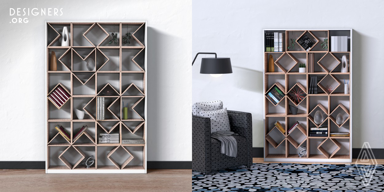 Inspired by the shape of Chinese grille, The shape and compound mode provides a free appearance. This is a bookcase design composed of several modules. The bookcase can hold 4 cases in each row and 6 in each column. At the same time, each small module has four directions to form. This variable combination can form a wide variety of patterns. Users can design patterns according to their own preferences.
