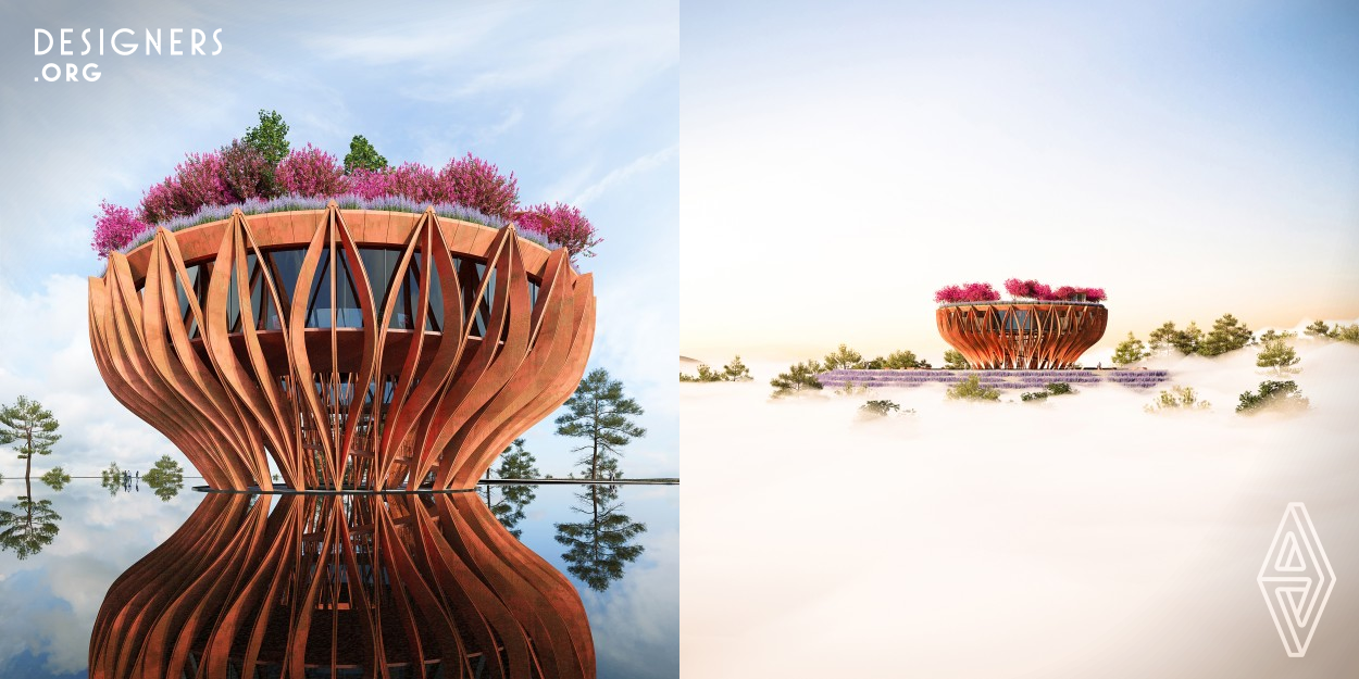 The flower tower appears as a giant sculpture with a 12 meter high Corten-Steel structure stylized like a lotus flower, lifting the coffee space of 600 square meter at an altitude of 8 meter. A continuous ramp allows visitors to enjoy the gradual view of the landscape like a flowing river before taking in the panoramic view on the rooftop. The entire roof area is a garden to grow large confetti and outdoor coffee space. It is a space where people can observe and feel stunning nature at different angles. Tourists, flower tower and nature are integrated here. All are engulfed in clouds.