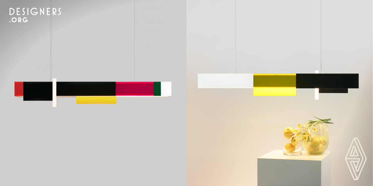 The suspension lamp Mondrian reaches emotions through colors, volumes, and shapes. The name leads to its inspiration, the painter Mondrian. It's a suspension lamp with a rectangular shape in a horizontal axis built up by several layers of colored acrylic. The lamp has four different views taking advantage of the interaction and harmony created by the six colors used for this composition, where the shape gets interrupted by a white line and a yellow layer. Mondrian emits light both upwards and downwards creating diffused, non-invasive lighting, adjusted by a dimmable wireless remote.