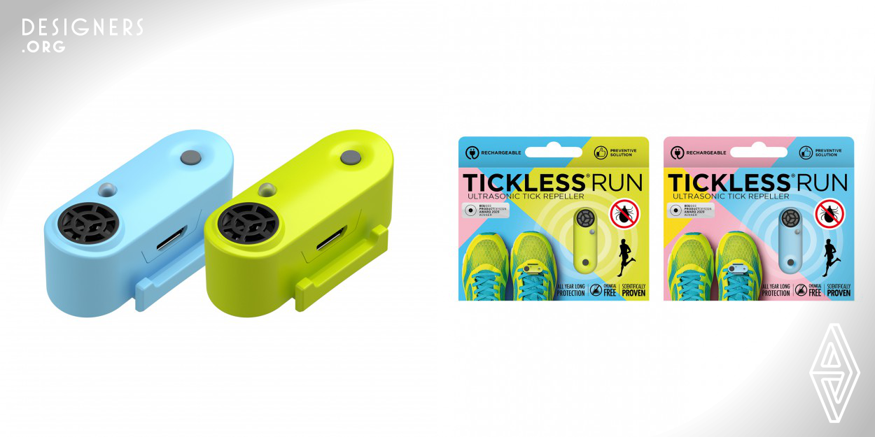 Tickless Run is a combination of design and environmental awareness, the perfect protection for runners and active athletes. Easy to use, it is perfectly fit for the shoes, remains motionless because of its super fastening. With inserting the silicone band into the side tabs, it can be put on the shoelaces, and because of the method of fixing it is hard to lose. Due to its design, it is ultralight, so it will not even be noticed while running. It provides long-lasting protection due to the rechargeable battery. 