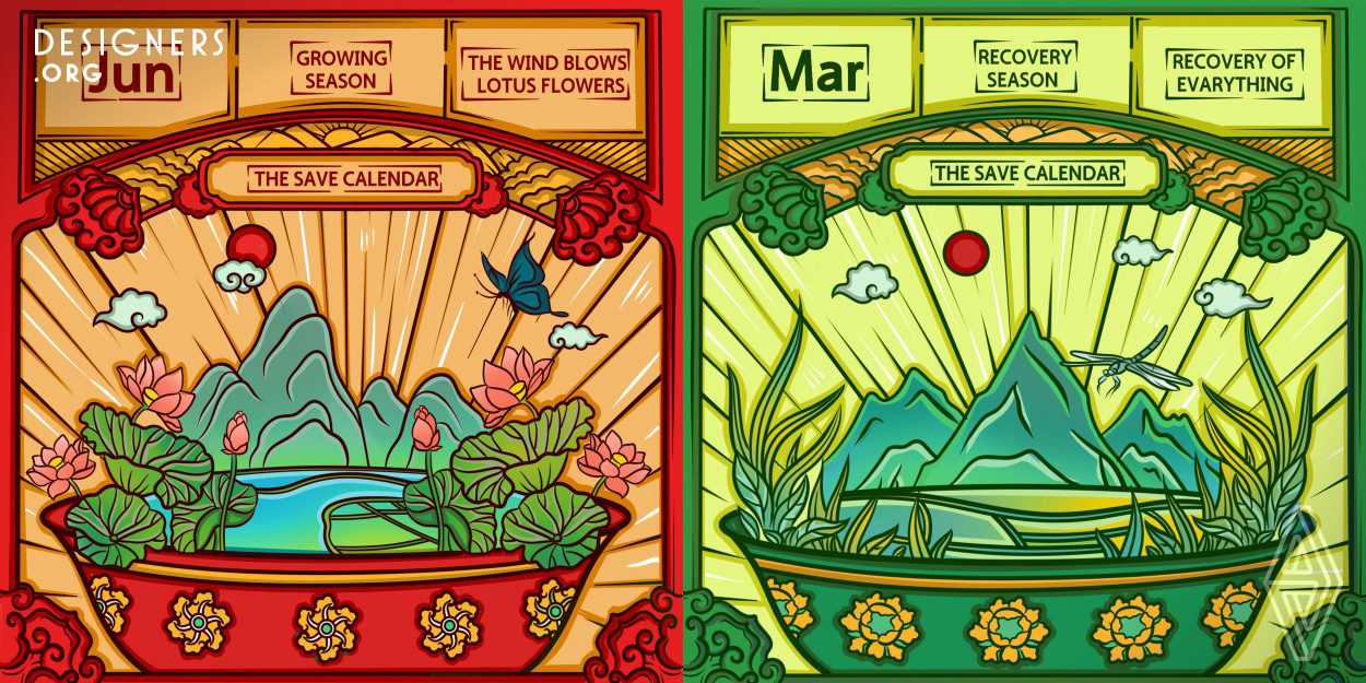 Starting from the four seasons of the field, it is depicted by the expression technique of national tide style. Taking the changes of the fields in spring, summer, autumn and winter as the breakthrough point, the gifts of the fields to people are reflected through the pictures. The month and season information is added at the top of the screen to further highlight the theme of frugal calendar and remind people to cherish food.