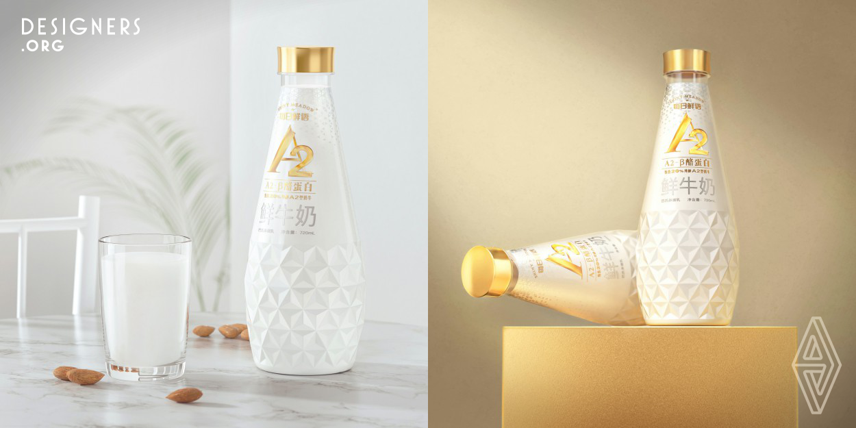 The overall appearance design adheres to surpassing oneself and breaks through the traditional fresh milk packaging shape. The bottle shape resembling a milk drop and the creative structure of ice flower shape, cleverly displayed in all directions surrounded by 6-sections, make the crystal bottle as translucent as a crystal diamond under the refraction of light from different directions, and then match the deep concave and convex blow bottle. 