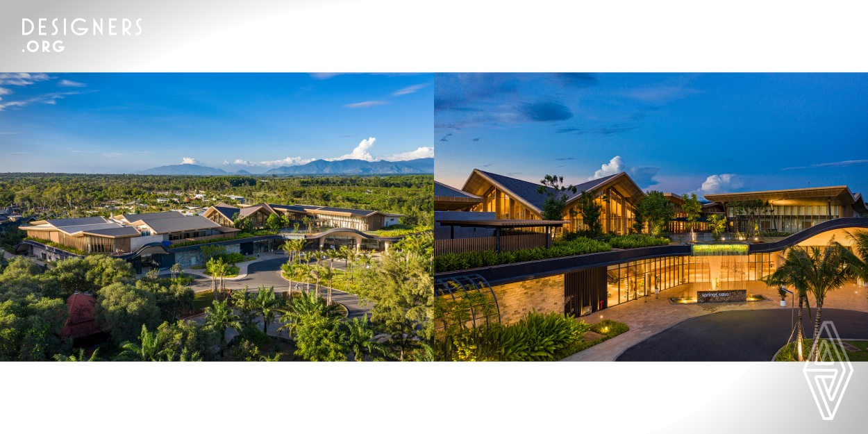 The Guest House, which is the core facility of this hot spring resort is a new forest vessel that is integrated with the existing forest. It features artificial ground that extends from the ground to the second floor level, the impression of the forest continues from the inside of facility. On the other entrance side, water and plants are arranged like a waterfall from the cut surface of the ground which express the theme and lively atmosphere of this facility.