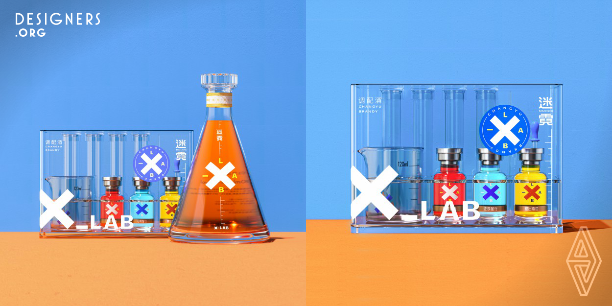 Mminni-X-Lab is a brandy designed for young people. X means unknown, infinite possibilities, goals and hopes in the design, which represents the exploration spirit of young people. The idea of design inspired by the product concept of towards the unknown and shine. In order to get rid of the traditional idea of brandy and produce a new brand recognition, the design uses unknown and color as the creative point to attract young people. 