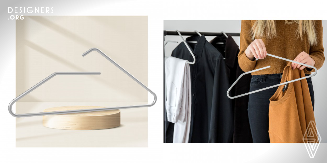 This elegant clothes hanger provides solutions to some of the biggest problems - the difficulty of inserting clothes with a narrow collar, the difficulty of hanging underwear and durability. The inspiration for the design came from the paper clip, which is continuous and durable, and the final shaping and choice of material was due to the solutions to these problems. The result is a great product that facilitates the daily life of the end user and also a nice accessory of a boutique store.