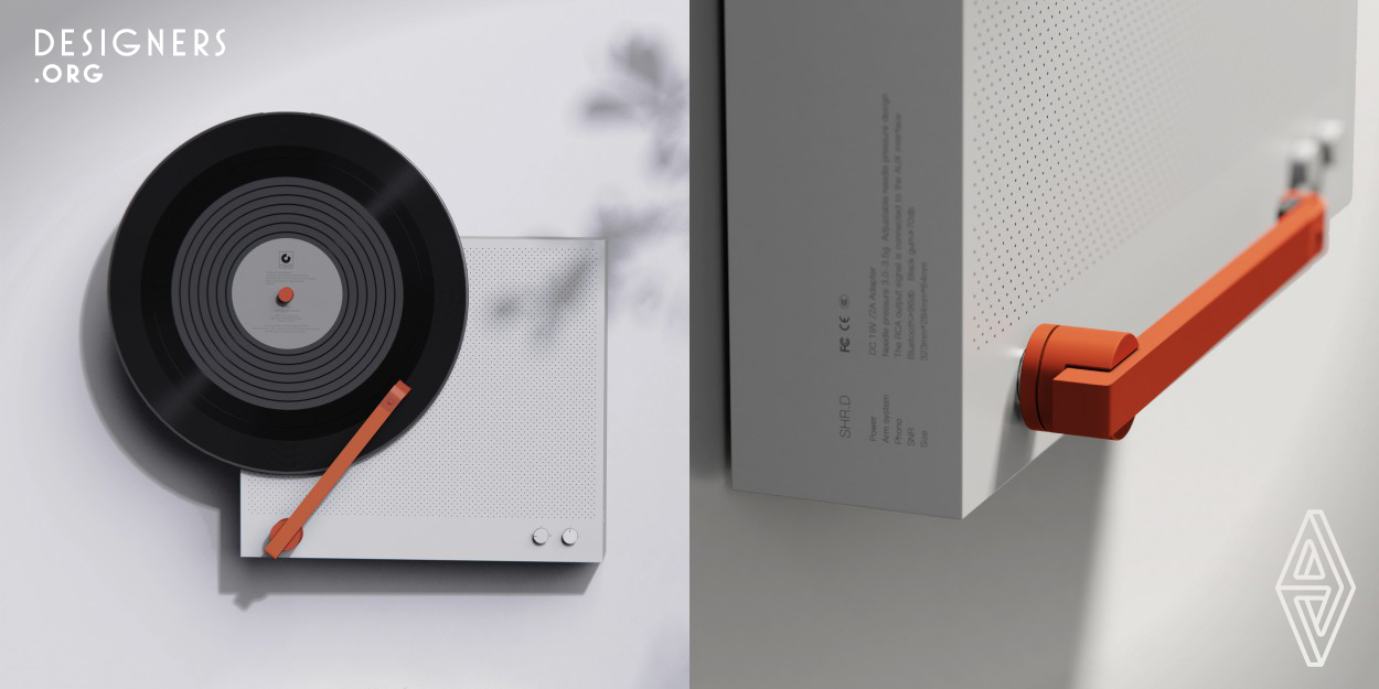 Shr.d is a vinyl record shaped music player. S stands for the square, h for the hole, r for the red, and d for the dot. This product combines these basic graphics. Combined with the preferences and aesthetic orientation of the new generation of young people, shr.d is connected basic graphics and overlapped them, thus making them simple and exquisite. At the same time, it can also play music through a usb connection. Shr.d breaks through the concept of classical appearance and integrates into modern life, home furnishing, leisure, and other fields.