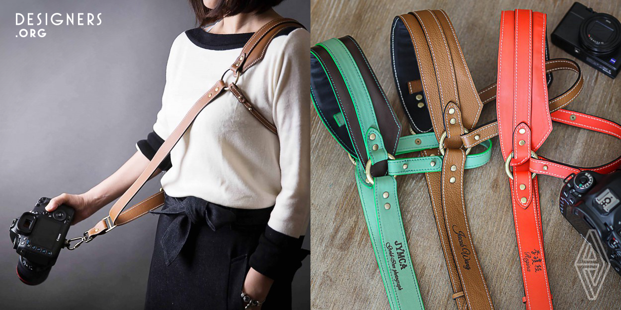 The designer has incorporated pressure-relief foam on the upper section of the shoulder strap. Since it is covered with Italian calf hide on the outside, and is lined with suede fabric on the inside, it feels soft, looks beautiful and is practical for the photographer. The length of the strap is adjustable which allows for better maneuverability of the camera. Furthermore, the brass safety lock has not only added texture but also double guaranteed the safety of the camera.