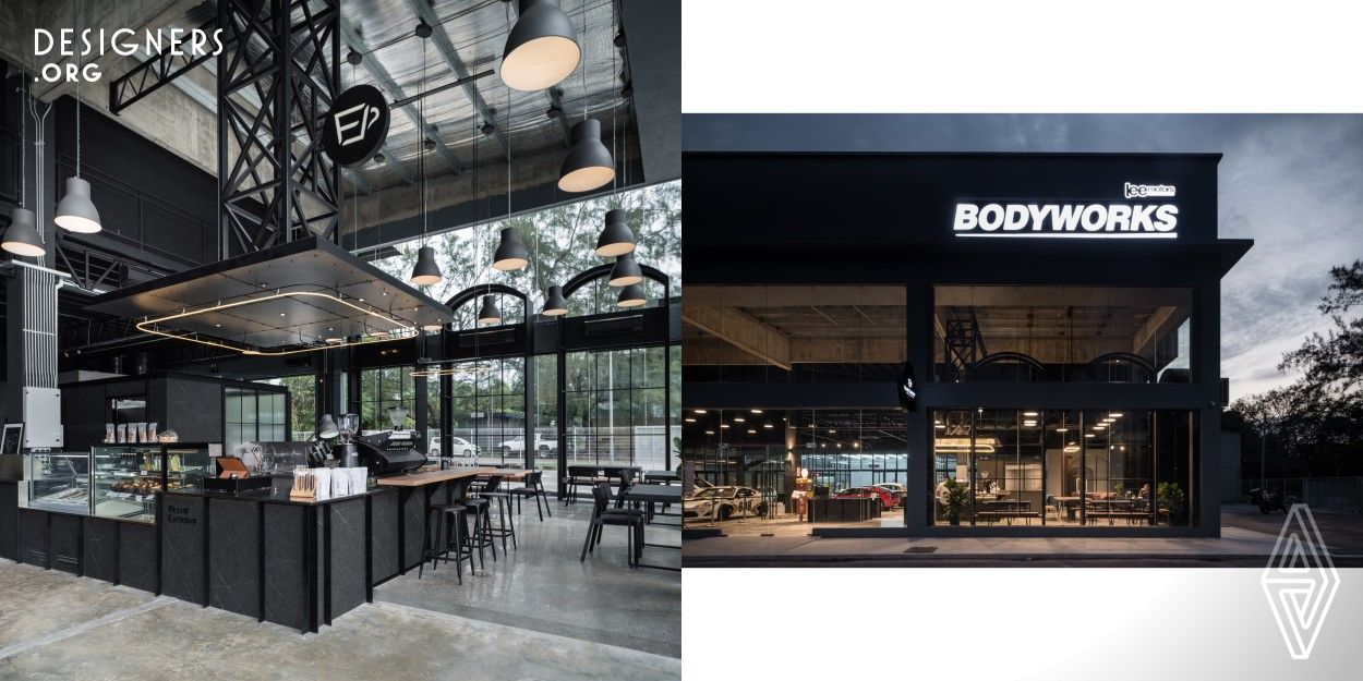 In this double volume industrial building, a collaborative business between Frank Laurent Coffee Roaster and Lee Motors Bodyworks and Bespoke Motoring are made to run in great dynamic. The car detailing shop opted for an industrial vintage look while the cafe’s brand is leaning towards minimalism. With the challenge of merging the design styles together, the usage of bricks, concrete and design features such as metal arches or trusses were incorporate into the design to resemble a vintage industrial warehouse; while the colors, materials and furniture selections are of minimalist style.