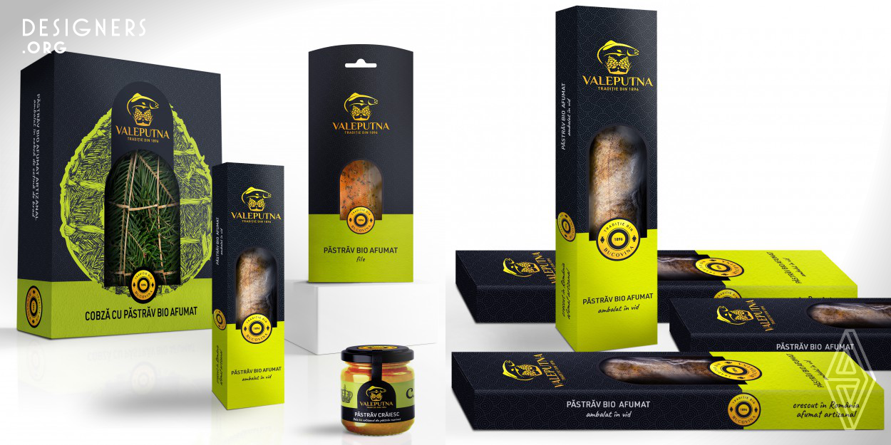 The packaging design for smoked trout products combines contrasting colours together with specific elements (the circular pattern background, the medieval gate shape for the cardboard cutting and the golden seal) in order to communicate the attributes of the product: tradition, heritage and natural ingredients. The most visible items: the seal and the medieval gate shape are present on the entire product range, and represent both tradition and continuity.